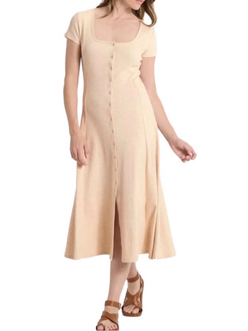 Universal Thread Short-Sleeve Ribbed Button-Front Midi Sundress Tan Size Large - Picture 1 of 5
